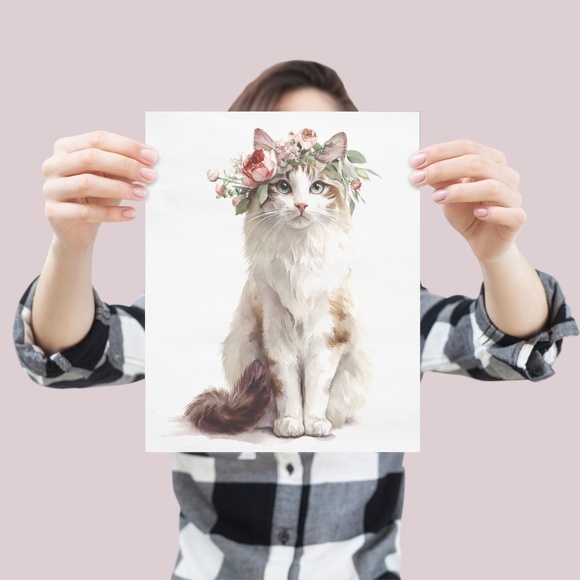 Watercolor Ragdoll Cat with Flower Crown Wall Art Print Unframed - Picture 4 of 7